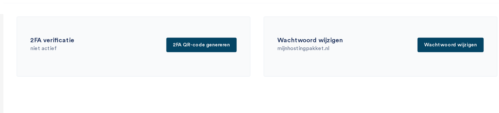 De accountpagina met de blokken 2FA verificatie en Wachtwoord wijzigen