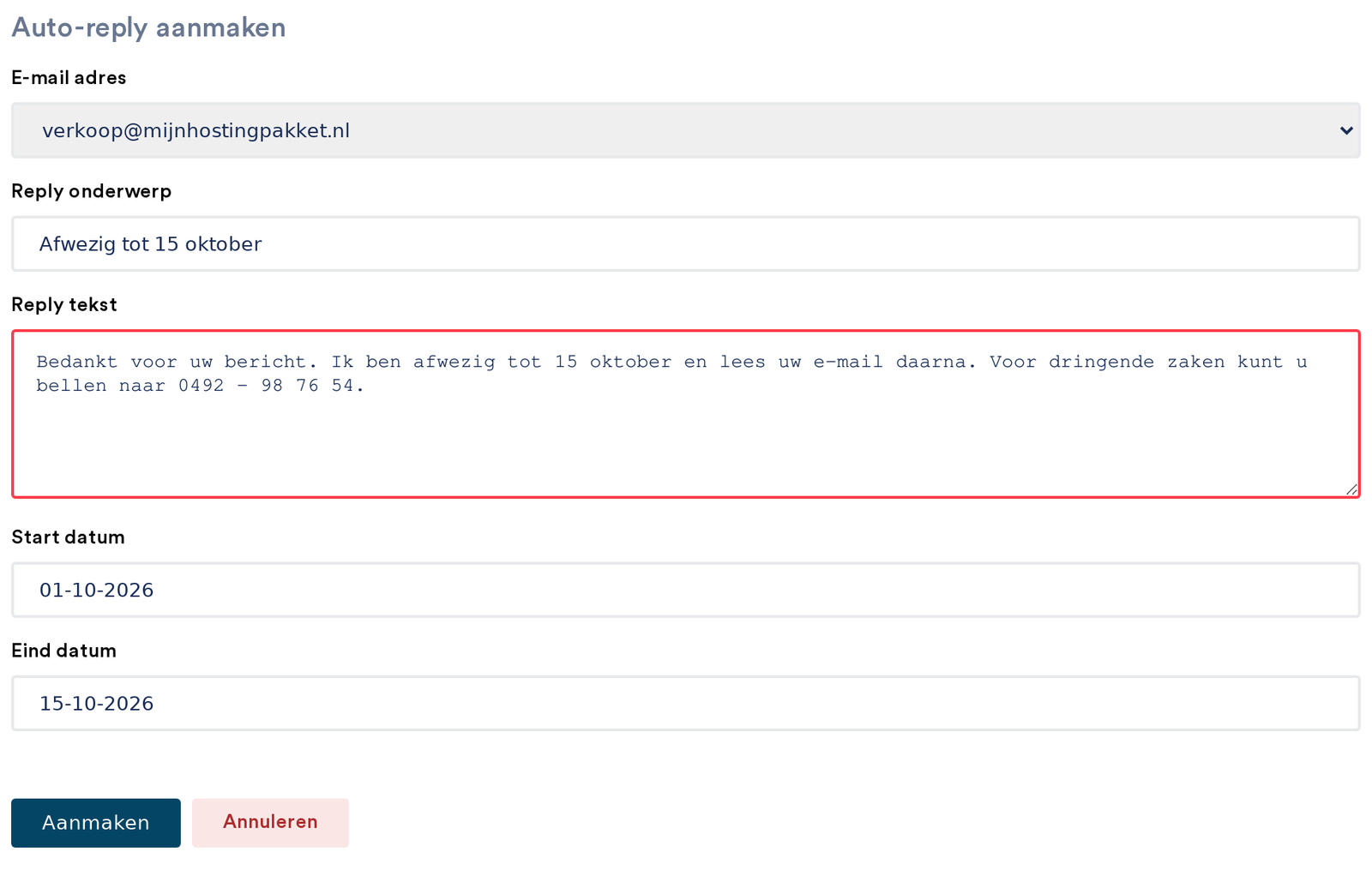 Het formulier Auto-reply aanmaken met onderwerp, tekst en begin- en einddatum