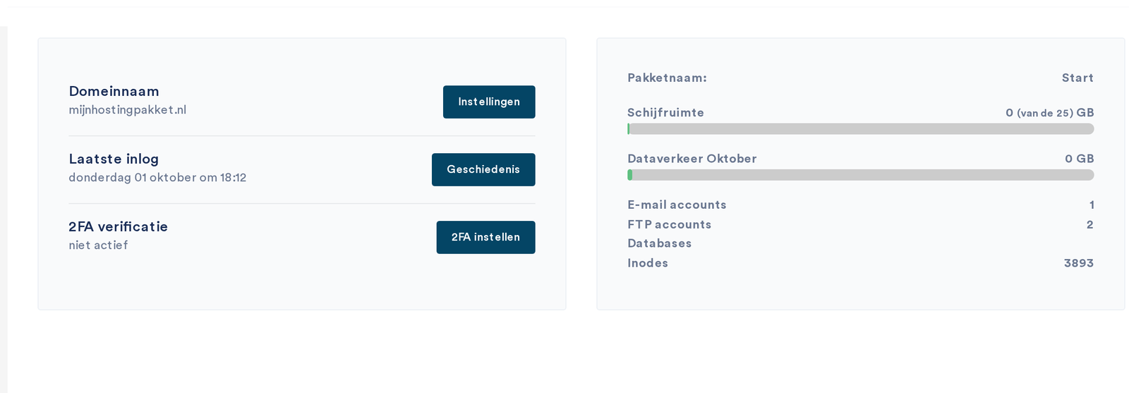 Het Dashboard met de domeinnaam, de laatste inlog, 2FA en het pakketoverzicht