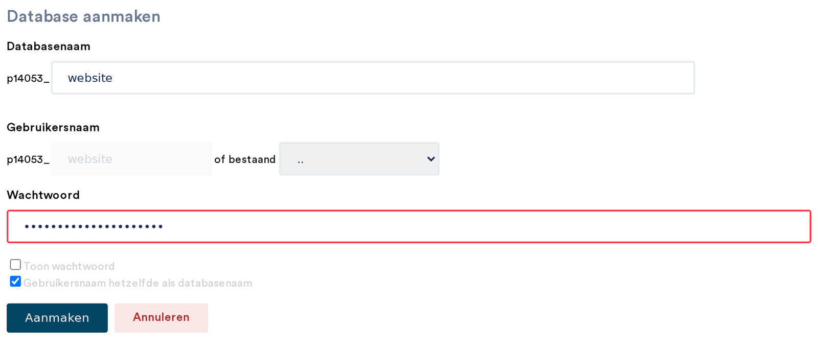 Het formulier Database aanmaken met databasenaam, gebruikersnaam en wachtwoord