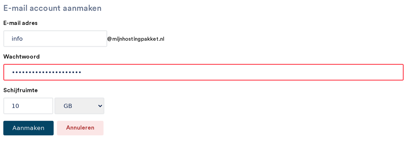 Het formulier E-mail account aanmaken met e-mailadres, wachtwoord en schijfruimte