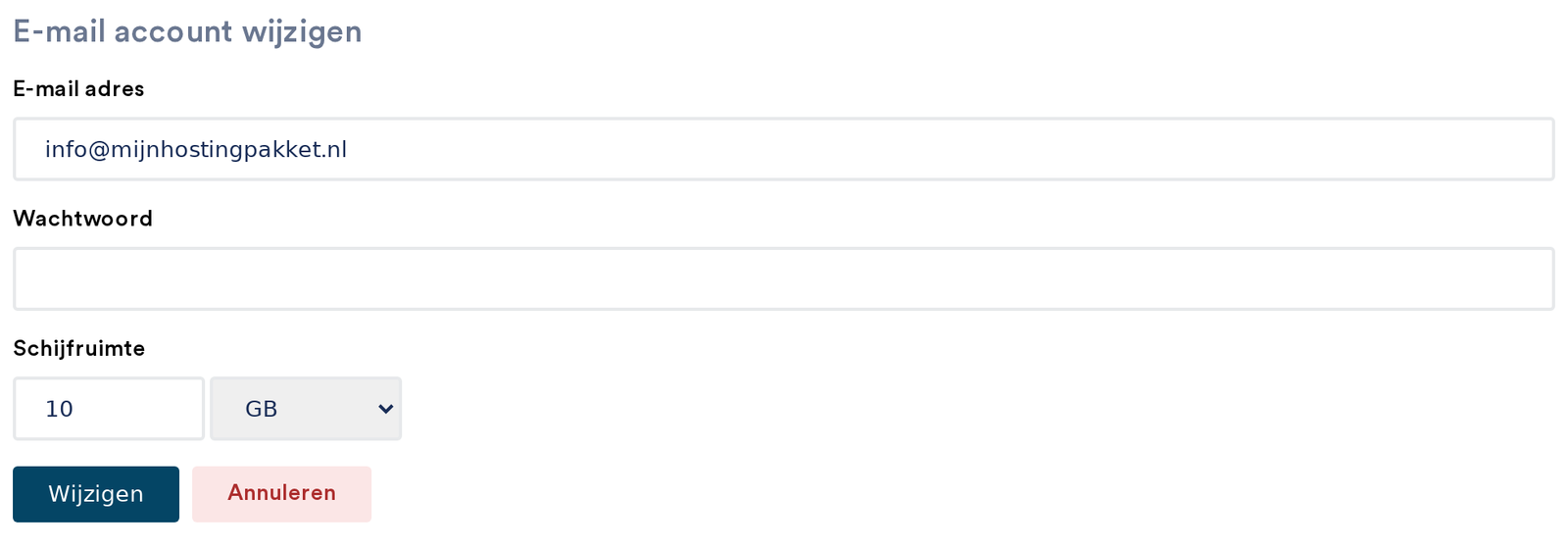 Het formulier E-mail account wijzigen