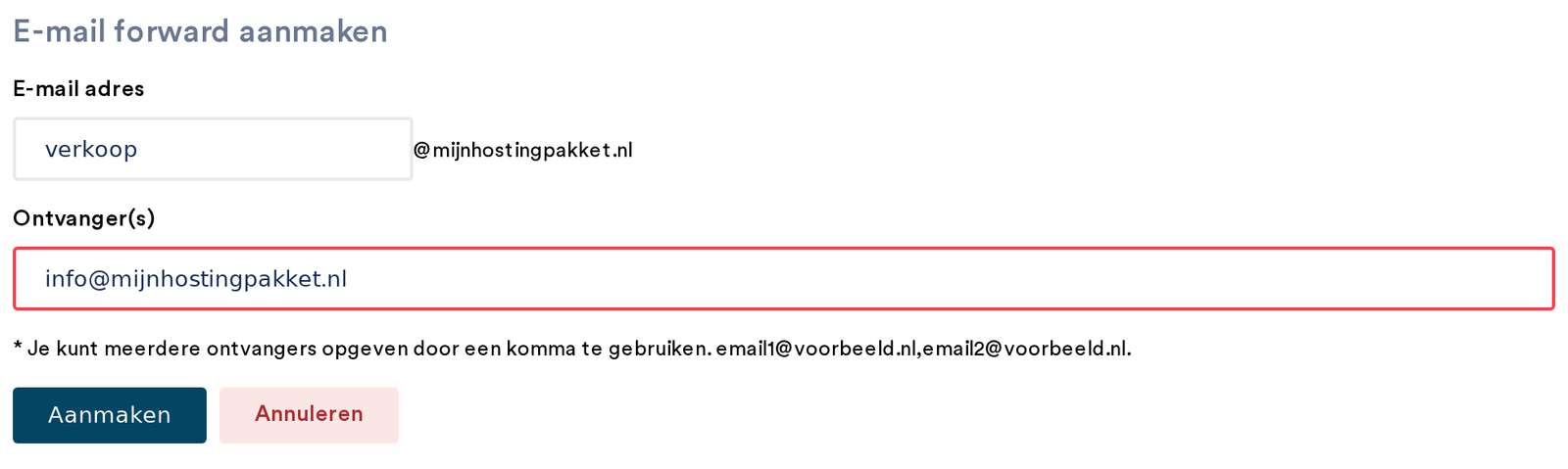 Het formulier E-mail forward aanmaken met het adres en de ontvangers