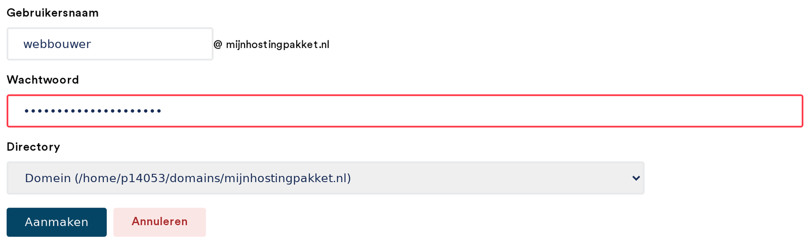 Het formulier Nieuw FTP account met gebruikersnaam, wachtwoord en directory