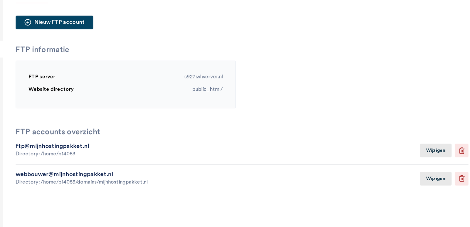 Het FTP-overzicht met de servernaam en de FTP-accounts