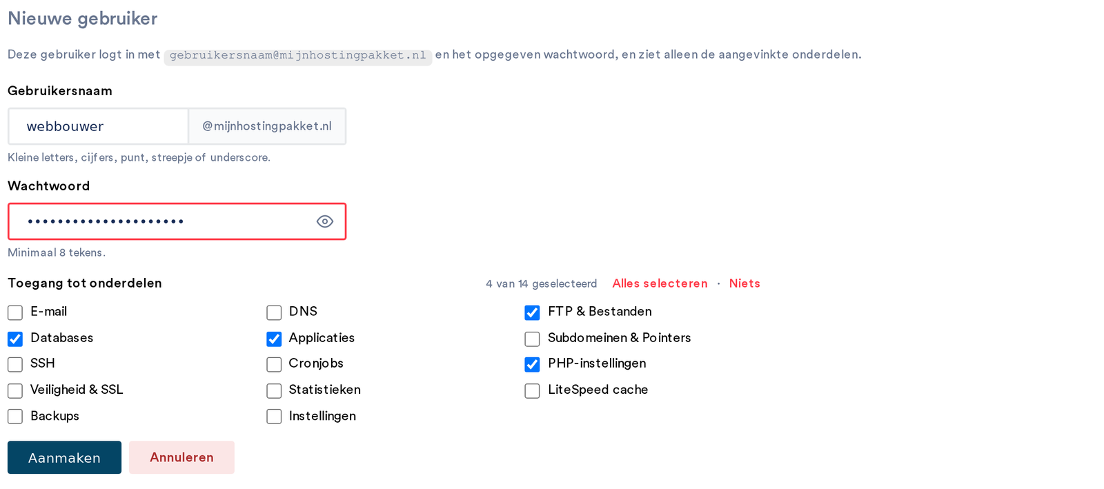 Het formulier Nieuwe gebruiker met de vinkjes voor toegang tot onderdelen