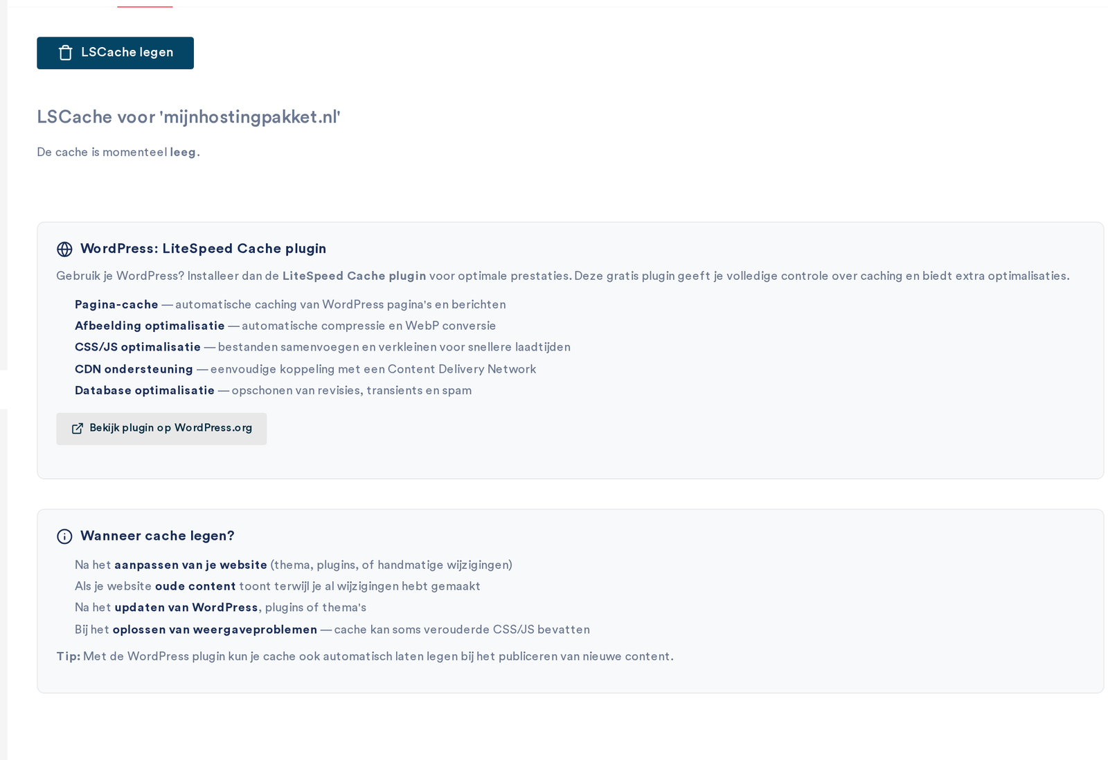 Het tabblad LSCache met de knop LSCache legen en informatie over de LiteSpeed Cache plugin