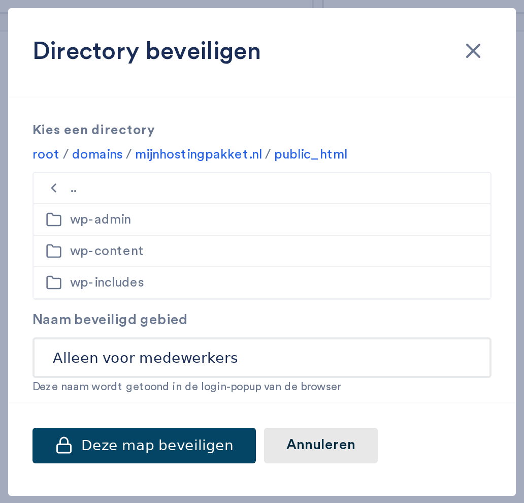 Het venster Directory beveiligen met de mappenkeuze en de naam van het beveiligde gebied