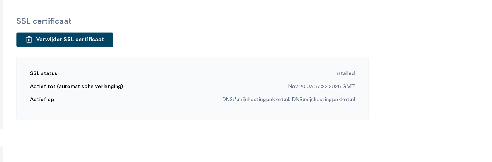 Het tabblad SSL certificaten met de status, de einddatum en de domeinnamen