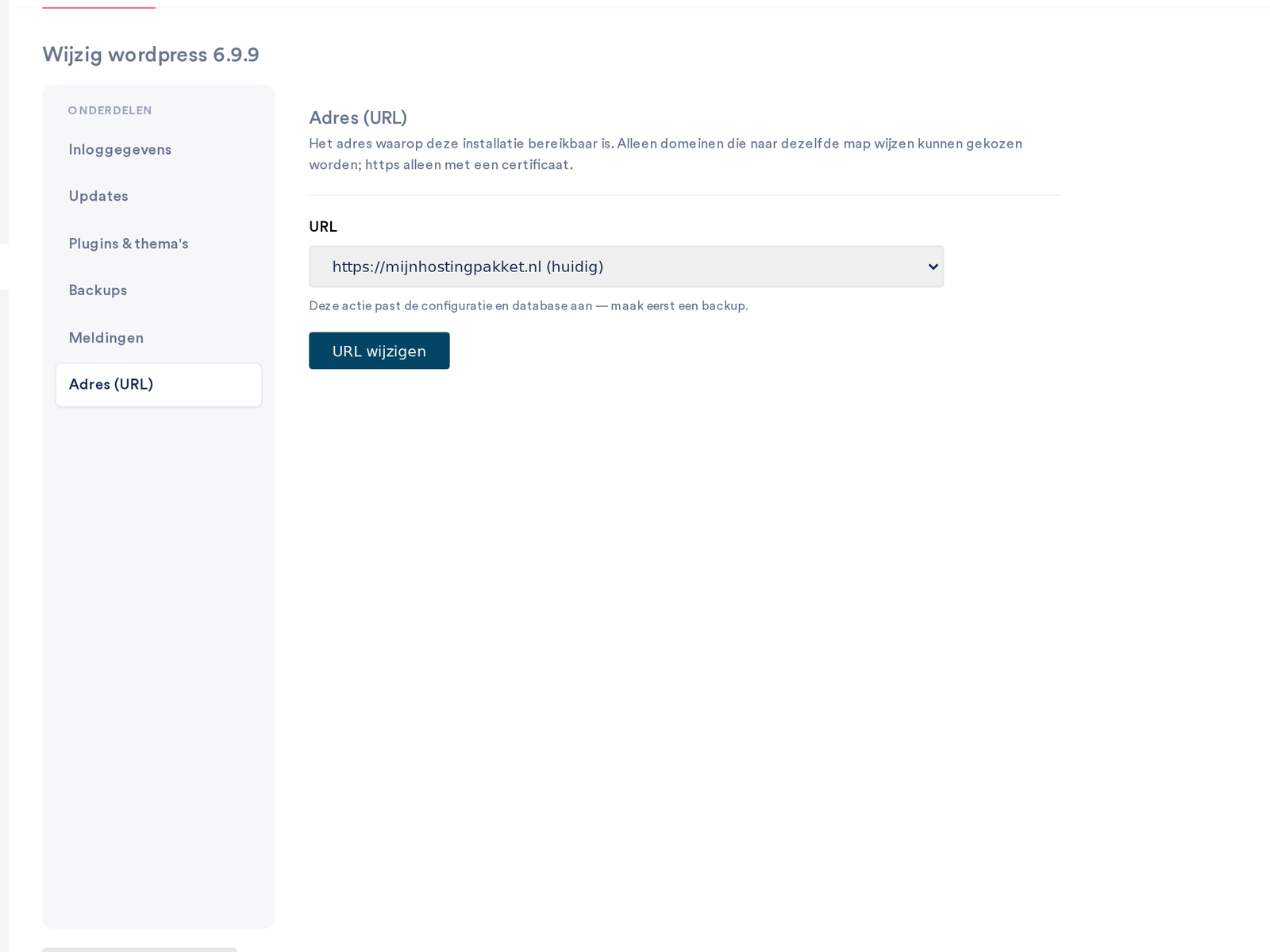 De instelling Adres (URL) om de site op een ander adres te zetten