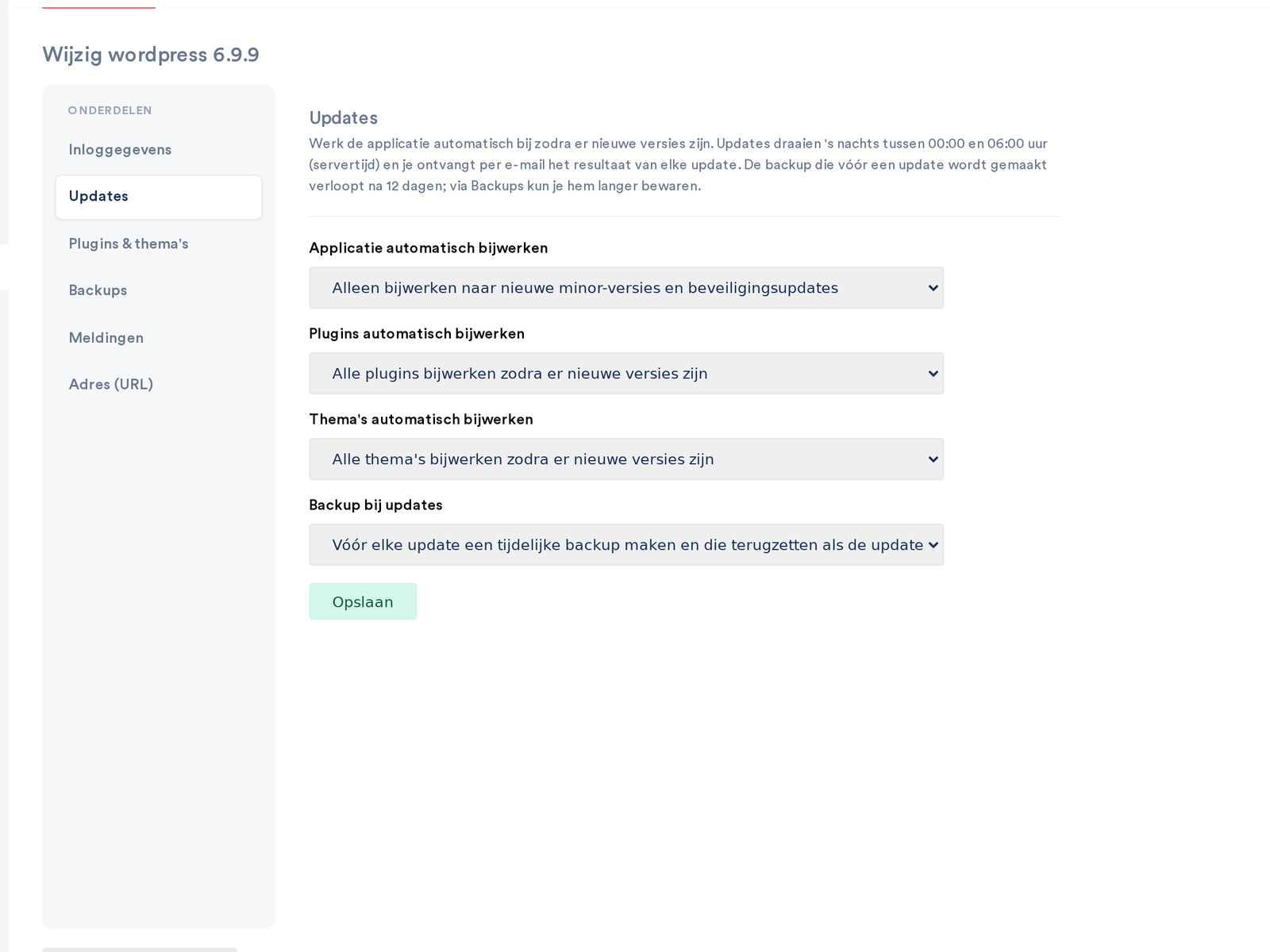 De instellingen voor automatische updates van WordPress, plugins en thema's