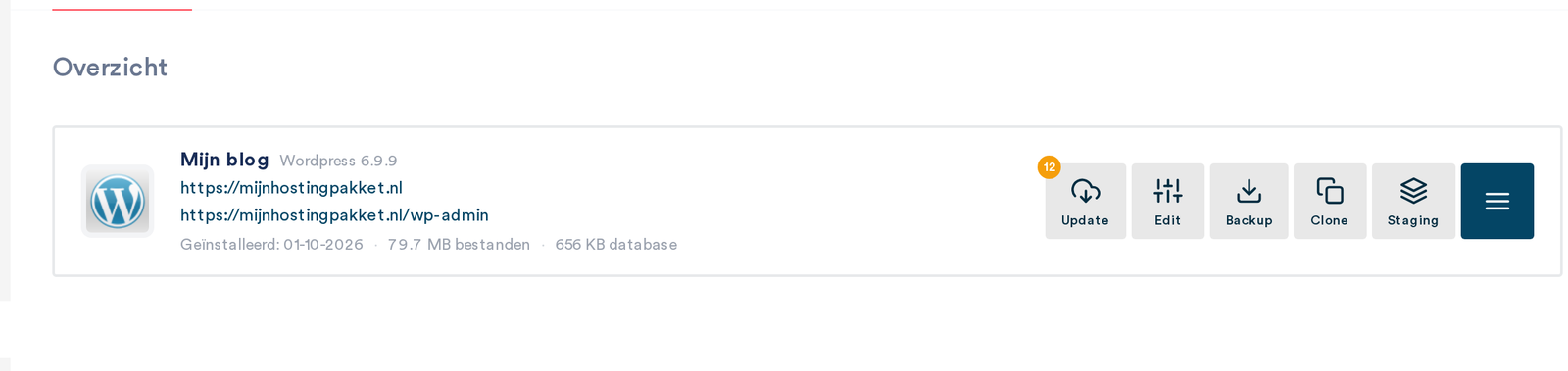Het overzicht Mijn applicaties met de knoppen Update, Edit, Backup, Clone en Staging