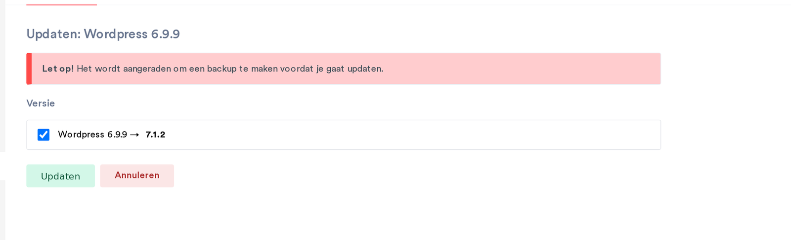 Het updatescherm met de huidige en de nieuwe versie