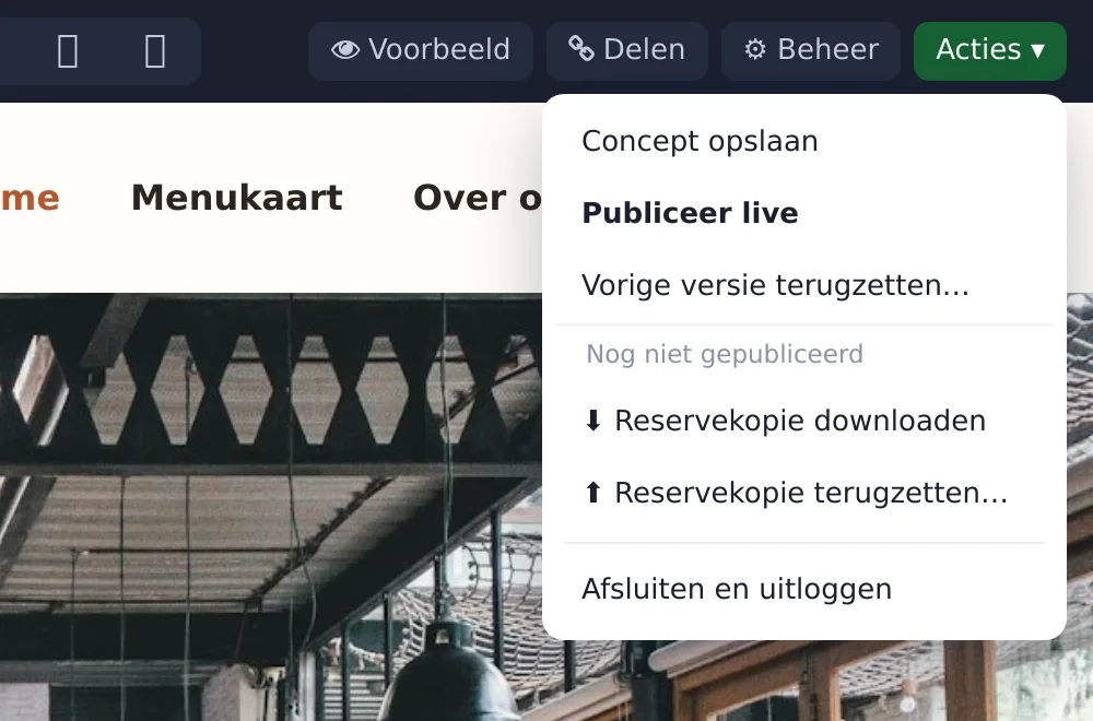 Het menu Acties met de knop Publiceer live