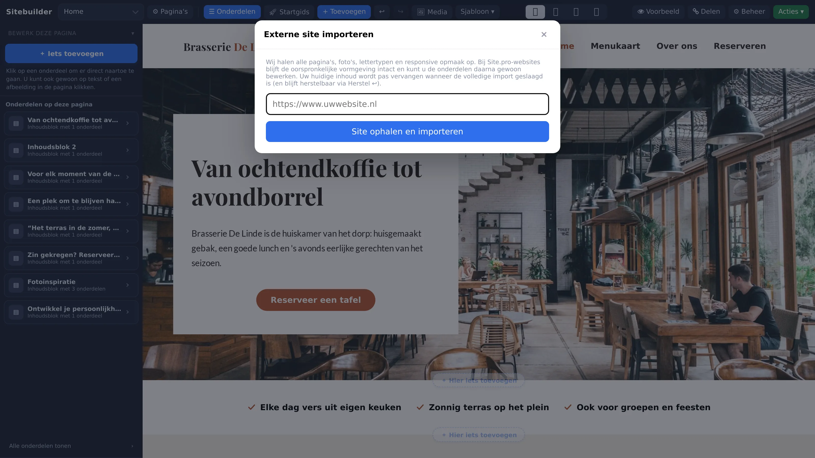 Het venster Externe site importeren met een veld voor het webadres