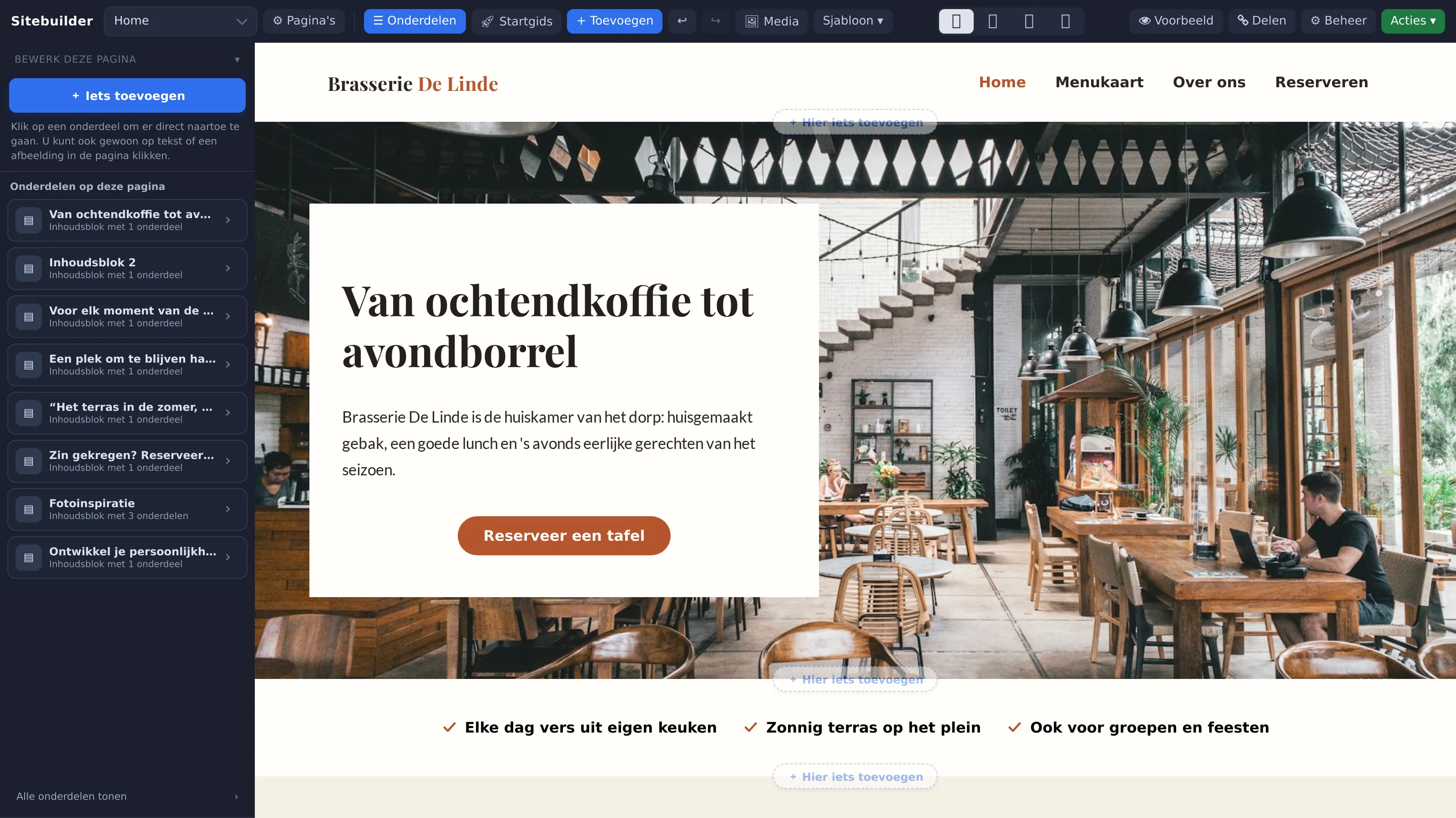 Het linkerpaneel Onderdelen met de lijst van onderdelen op de pagina