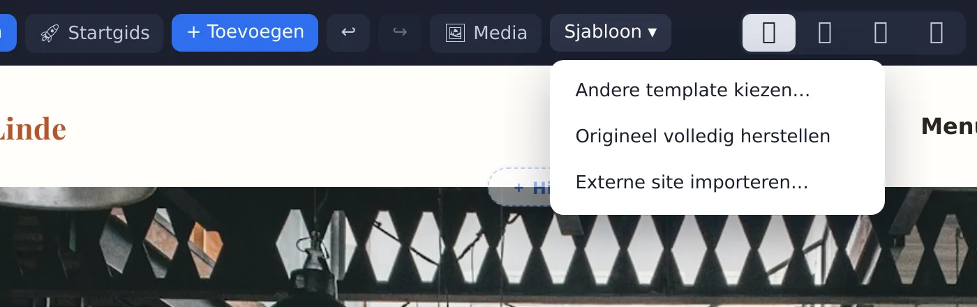 Het menu Sjabloon met de optie Externe site importeren