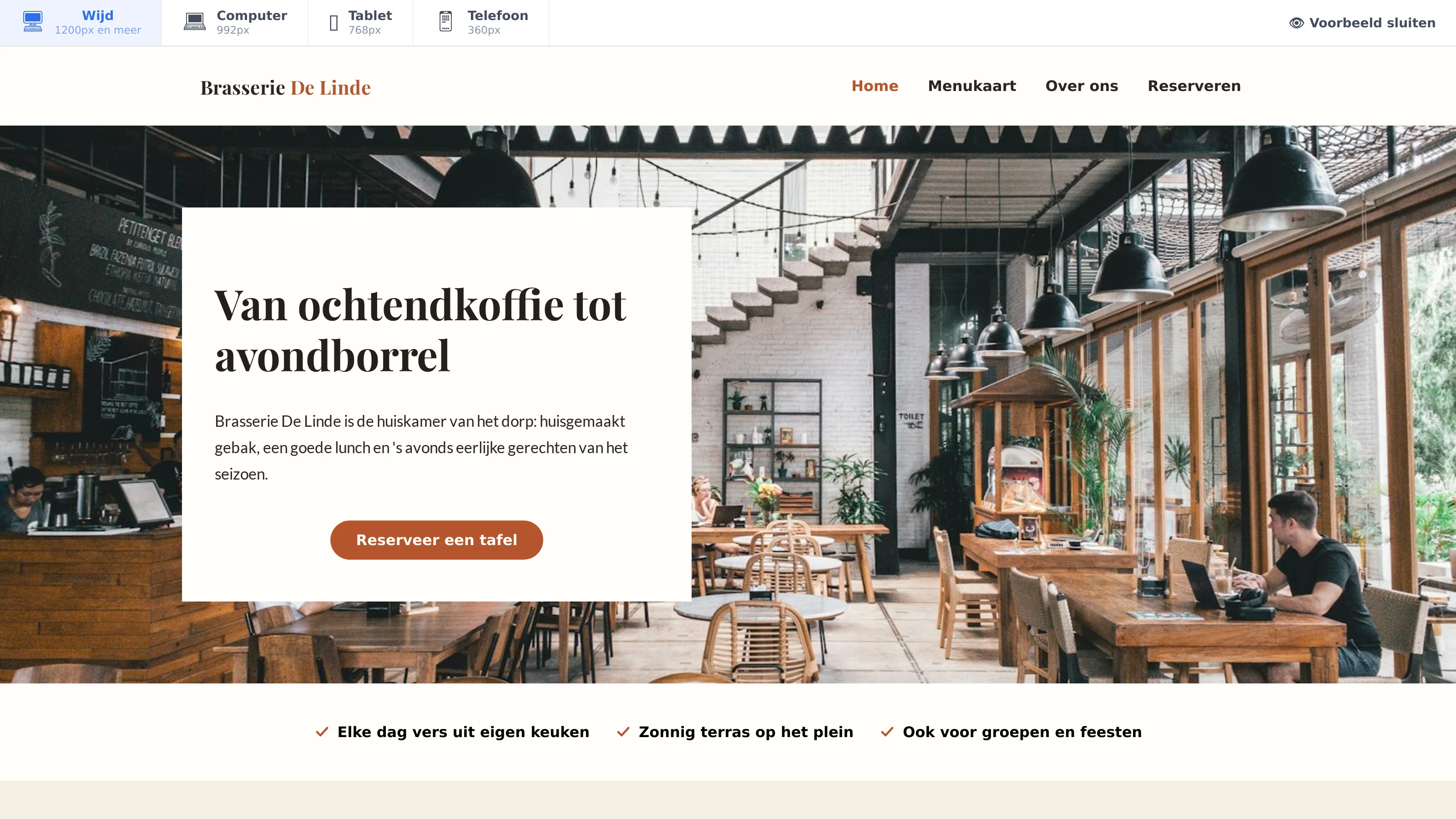 Het voorbeeld van de website met bovenin de keuze Wijd, Computer, Tablet en Telefoon