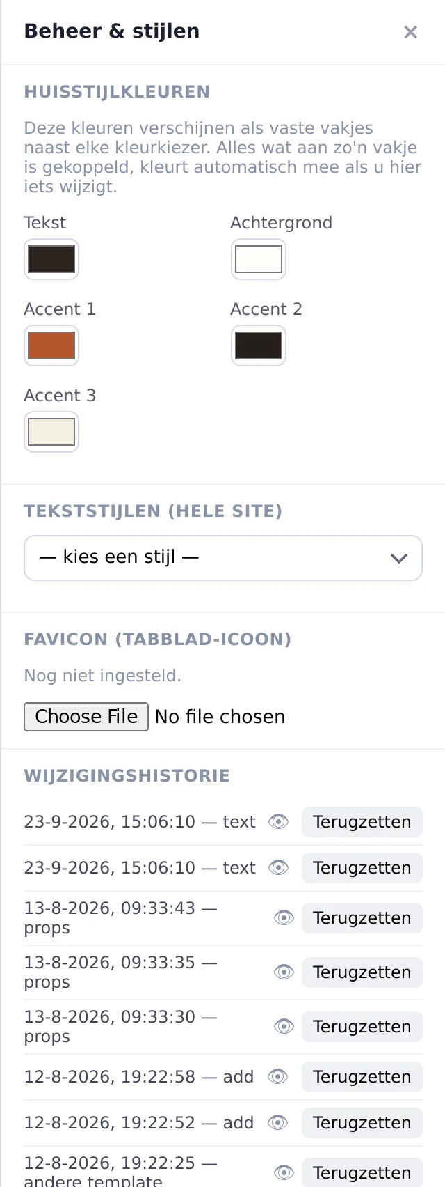 De wijzigingshistorie in het paneel Beheer met per herstelpunt een knop Terugzetten