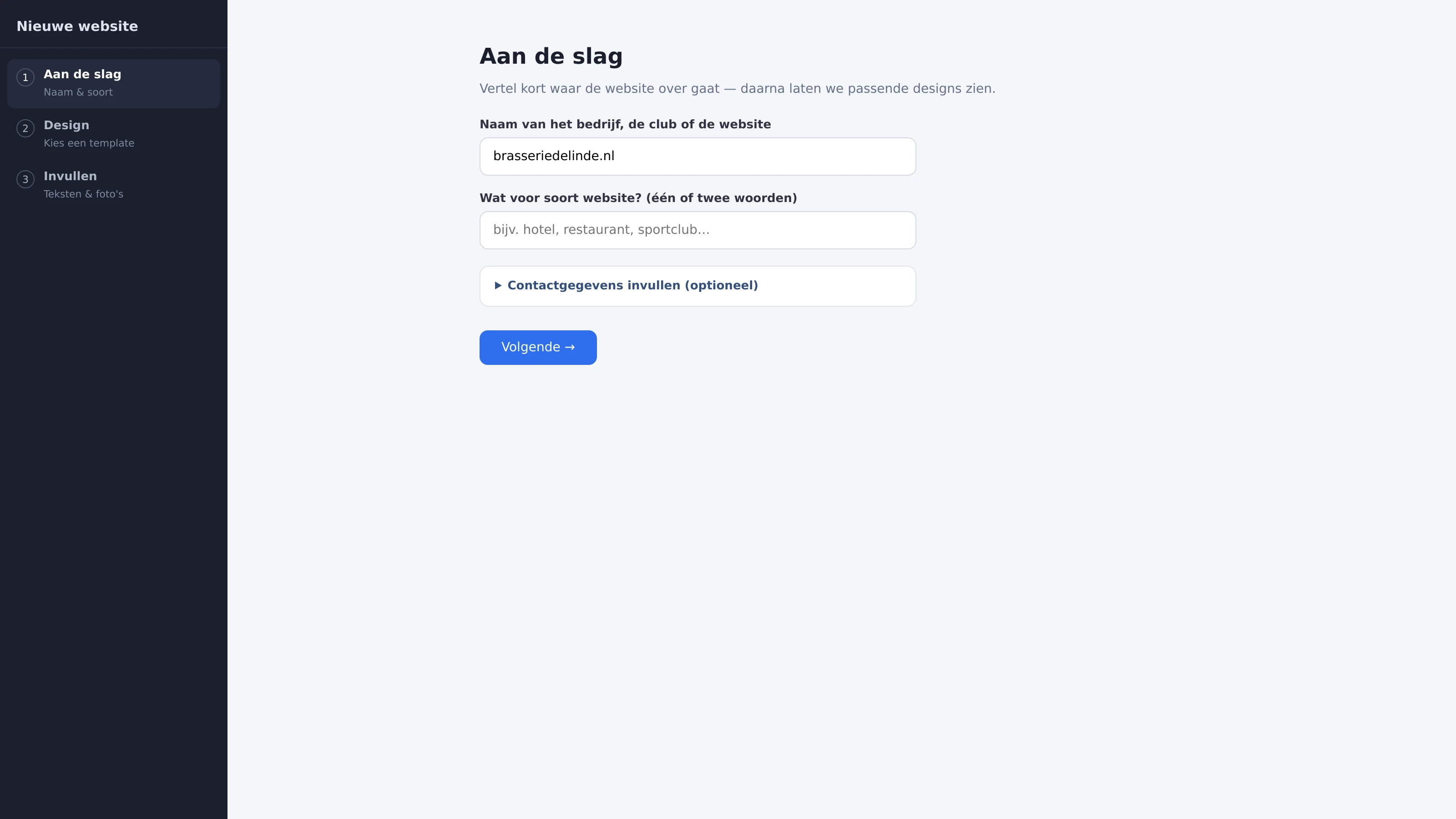 Stap 1 van de wizard Nieuwe website: naam en soort website invullen