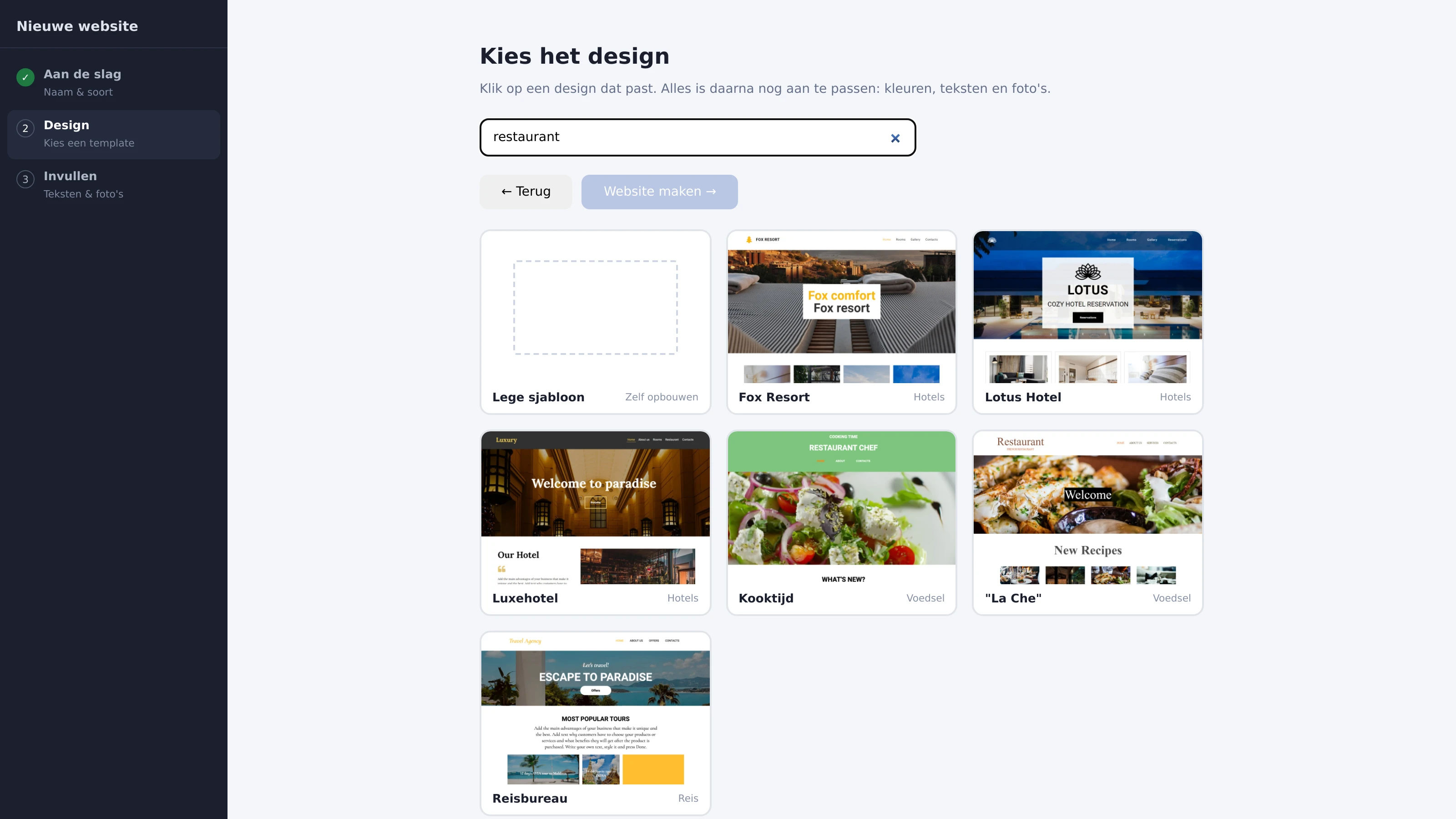Stap 2 van de wizard: een design kiezen uit de gevonden templates